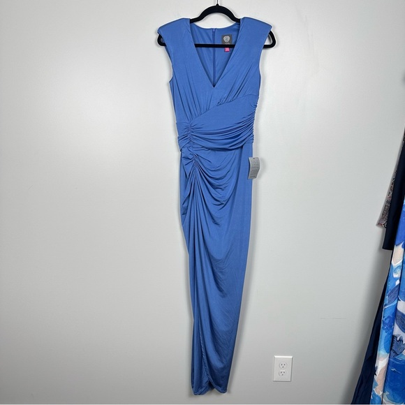 Vince Camuto Ruched Front-slit V-neck Gown Blue NEW Size 4 VC-4331 - Picture 4 of 8